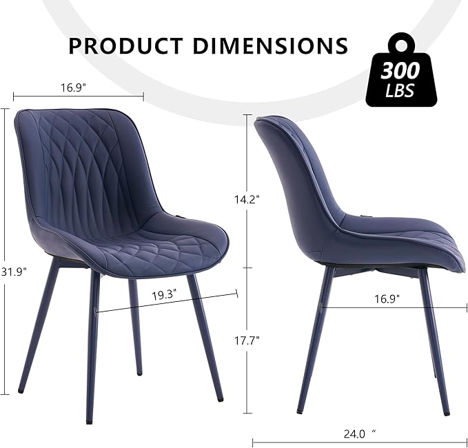 YOUNIKE Faux Leather Dining Chairs Set of 2 Mid-Century Modern High Padded Back Comfy Upholstered Kitchen Chairs with Metal Legs Wide Seat Accent Side Chair for Dining/Living/Waiting Room Navy Blue