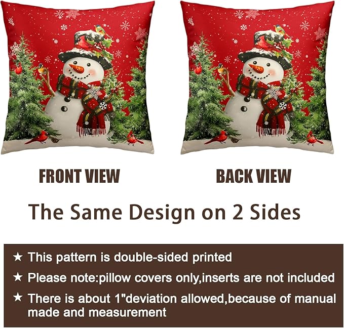 Winter Red Snowman Throw Pillow Covers 20x20 Inch Christmas Snowflake Bird Pine Tree Pillows Cases Xmas Rustic Farmhouse Pillowcase Holiday Cushion Cases for Living Room Couch Sofa, 2 Pack