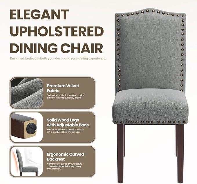 Dining Chairs Set of 6, Upholstered Soft Comfortable Parsons Chairs with High-Density Cushion, Solid Wood Legs & Nailhead Details for Dining Room, Kitchen, Living Room – Grey