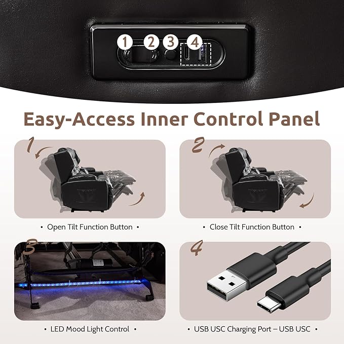SAMERY Loveseat Recliner Sofa, Power Reclining Loveseat Sofa, Wall Hugger Recliners RV Couch with Console, Lift-Top Table, Rhythm & Ambient LED Lights, USB-C, Outlets, Faux Leather, Black | Extra Wide Seat, Plush Padding, Dual Power Recline, Lift-Up Ta...