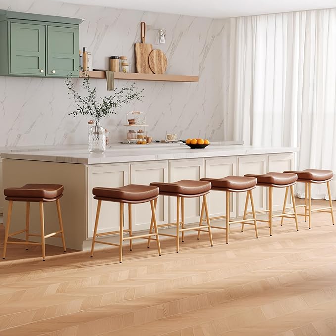 MOLAL Bar Stools Set of 6, Counter Height Bar Stools with Thick PU Leather Saddle Seat & Sturdy Metal Frame Legs,Backless Bar Stools for Kitchen Island Dining Cafe,Brown