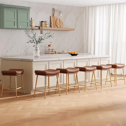 MOLAL Bar Stools Set of 6, Counter Height Bar Stools with Thick PU Leather Saddle Seat & Sturdy Metal Frame Legs,Backless Bar Stools for Kitchen Island Dining Cafe,Brown