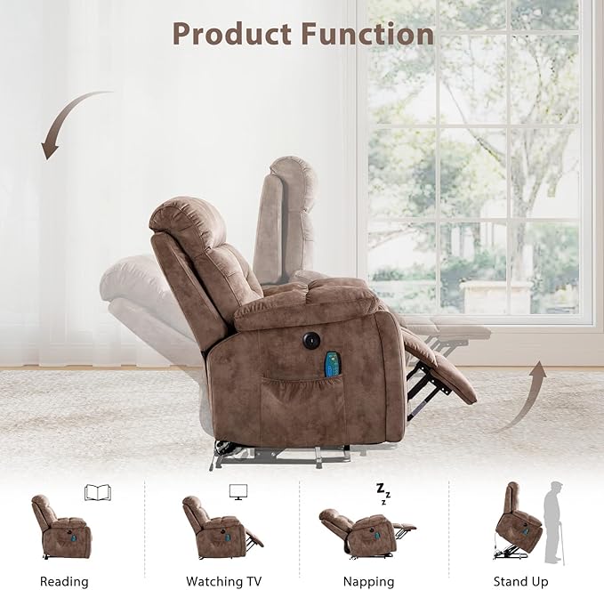 EBELLO Reclining Living Room Set, Soft Fabric Manual Recliner Sofa Furniture Set, Includes 2 Power Lift Recliner Chairs with Massage and Heat and 3 Seat Sofa, Brown