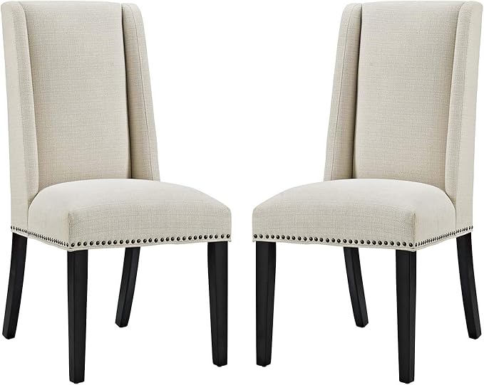 Modway Baron Modern Tall Back Wood Upholstered Fabric Two Dining Chairs in Beige