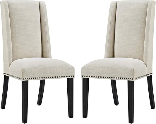 Modway Baron Modern Tall Back Wood Upholstered Fabric Two Dining Chairs in Beige