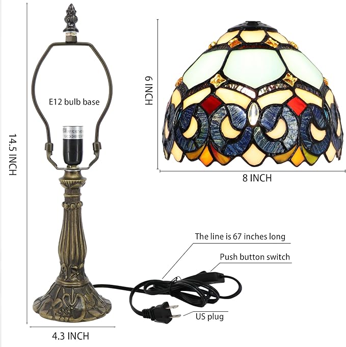 Small Tiffany Lamp Mini Accent Table Lamp Stained Glass Desk Memory Lamp Sympathy 8X14.5 Inch (Sapphire Style)