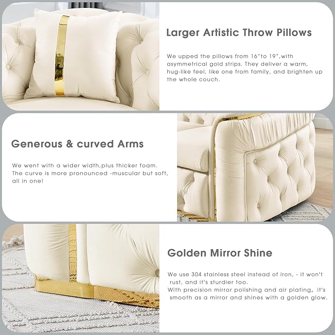 KEIKI 2-Piece Luxury Chesterfield Sofa Set with 2 Oversized Velvet 3-Seater Sofa, Upholstered Modern 6-Seater Button Tufted Couch Set with 4 Pillow, Gold Stainless Decoration, for Living Room, Beige