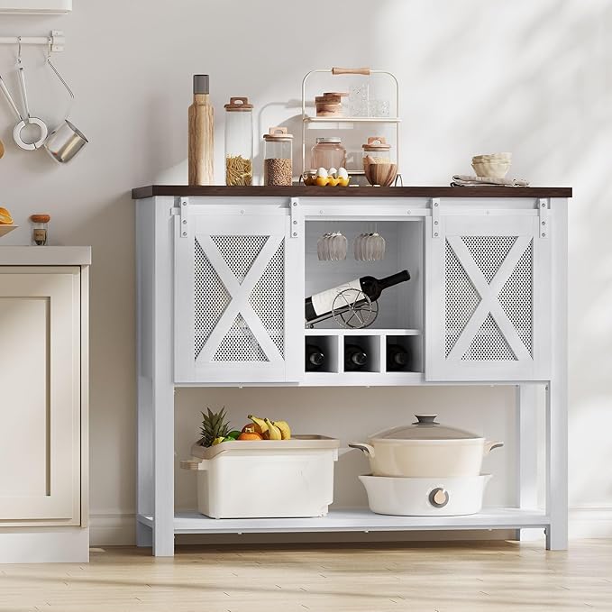 CABIHOME Coffee Bar Cabinet with Storage - Sliding Barn Door Kitchen Buffet, Wood Sideboard Console Cabinet with Wine Rack & Glass Holder for Living & Dining Room, White
