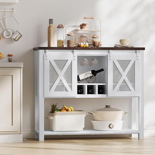 CABIHOME Coffee Bar Cabinet with Storage - Sliding Barn Door Kitchen Buffet, Wood Sideboard Console Cabinet with Wine Rack & Glass Holder for Living & Dining Room, White