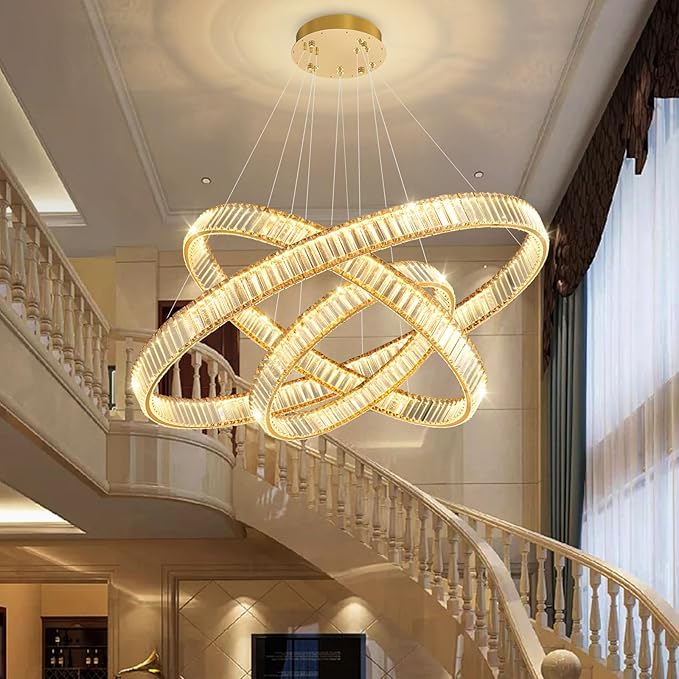 24''+32''+40'' Modern Ring Chandelier Crystal Chandeliers for Dining Room Round LED Dimmable Ceiling Light Fixture for Living Room Bedroom Lighting Gold