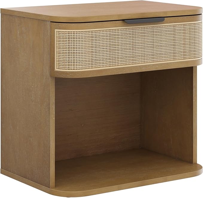 Nathan James Keith Farmhouse Bedside Table, Modern Coastal Nightstand, Rattan Nightstand with 1 Drawer for Bedroom, Light Brown