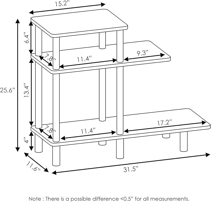 Furinno Turn-N-Tube 3-Tier Sofa Side Table, Espresso/Black, 31.5 in x 11.61 in x 25.63 in