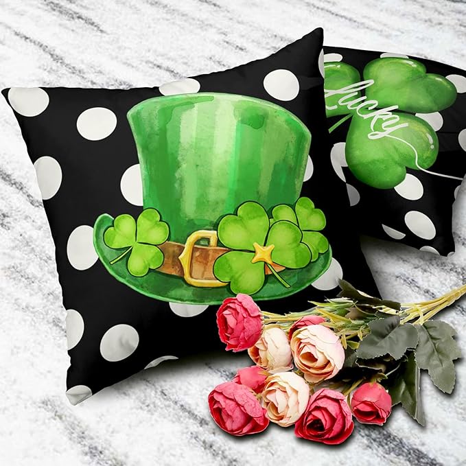 St Patricks Day Pillow Covers 16 x 16 Set of 2 Lucky Shamrock Hat Green Throw Pillow Covers Black White Polka Dots Pillow Cases Home Holiday Decor for Sofa Couch