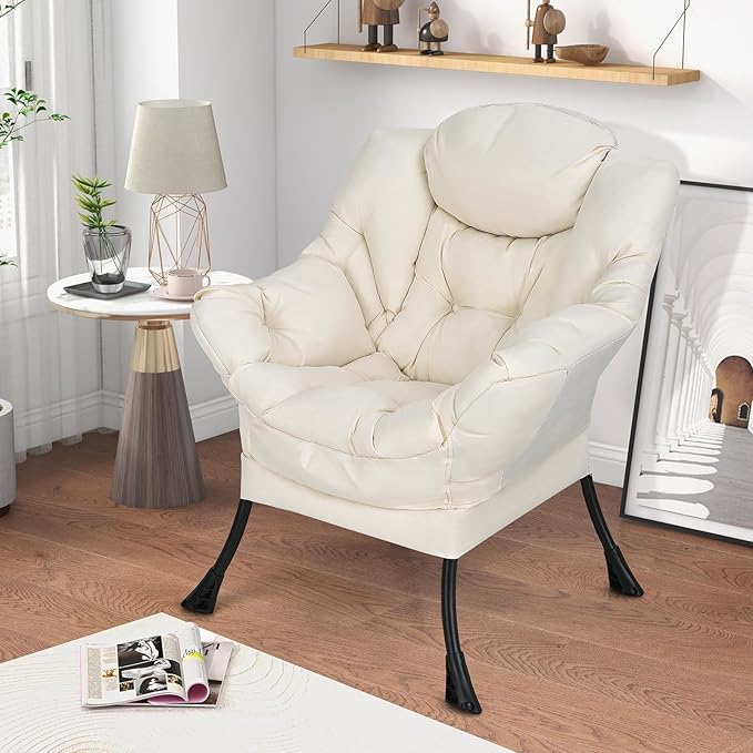 KOMFOTT Modern Accent Chair, Soft Upholstered Lazy Sofa with Side Pocket & Armrests, Single Sofa Armchair, Leisure Sofa Chair for Living Room, Bedroom, Beige