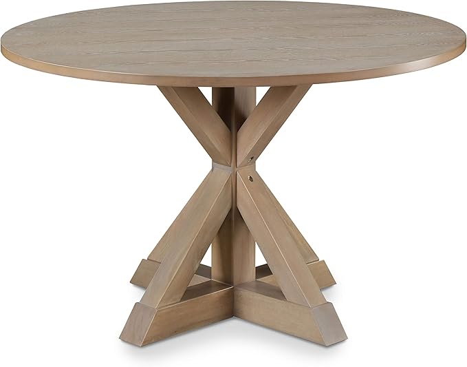 Finch Alfred Round Solid Wood Rustic Dining Table for Farmhouse Kitchen Room Decor, Wooden Trestle Pedestal Base, 46.5" Wide Circular Tabletop, Distressed Beige