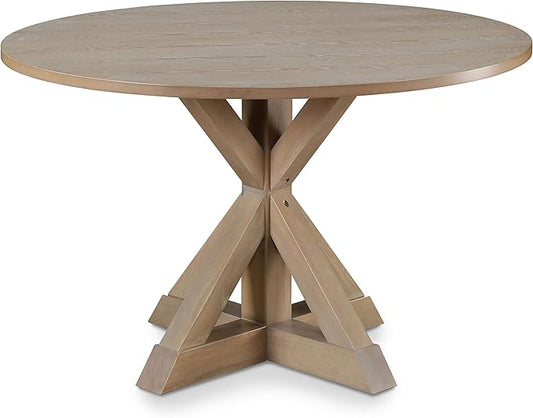 Finch Alfred Round Solid Wood Rustic Dining Table for Farmhouse Kitchen Room Decor, Wooden Trestle Pedestal Base, 46.5" Wide Circular Tabletop, Distressed Beige