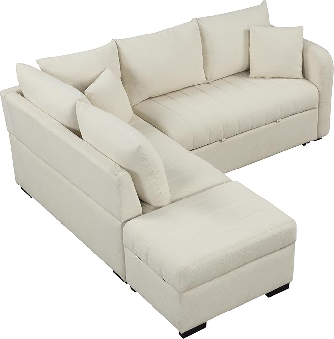 Merax Sofa Bed Sleeper Couch L Shaped Sofa with Storage Ottoman, L-Shape Sectional Couch with 2 USB Ports, 2 Power Sockets for Living Room and Small Apartment (Beige)