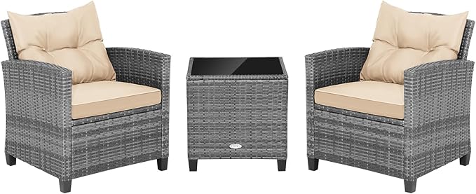RELAX4LIFE 3 Piece Patio Furniture Set, Wicker Bistro Conversation Set w/2 Cushioned Armchairs & Glass Topped Table, Outdoor Rattan Sofa Set Patio Furniture for Porch Balcony Poolside (Grey-Beige)