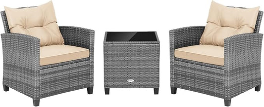 RELAX4LIFE 3 Piece Patio Furniture Set, Wicker Bistro Conversation Set w/2 Cushioned Armchairs & Glass Topped Table, Outdoor Rattan Sofa Set Patio Furniture for Porch Balcony Poolside (Grey-Beige)