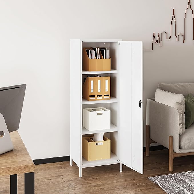 Metal Storage Cabinet, Steel File Locker with 3 Shelves 59.06-inch high for School, Living Room, Bedroom, Office (White, H59.06'')