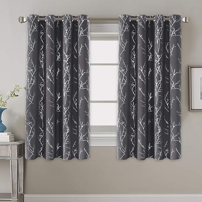 H.VERSAILTEX Blackout Curtains for Bedroom Foil Print Twig Tree Branch Thermal Insulated Grommet Curtain Drapes Light Blocking Soft Window Curtains for Living 52 x 63 Inch, 2 Panels, Charcoal Gray