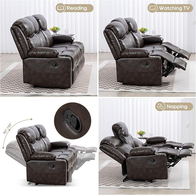 Manual Reclining Sofa - 3 Seat Recliner Sofa with Heat & Massage Function, Wall-Hugger Reclining Sofa for Living Room (Brown) | Side Pocket, Cup Holder