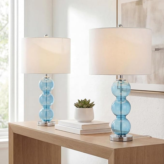 JONATHAN Y 27" Sky Blue/Chrome Triple-Sphere Glass Table Lamp Set of 2, Bedside, White Linen Shade, Modern Table Lamps for Living Room, Bedroom, Office, LED Bulbs Included (JYL1070C-SET2)