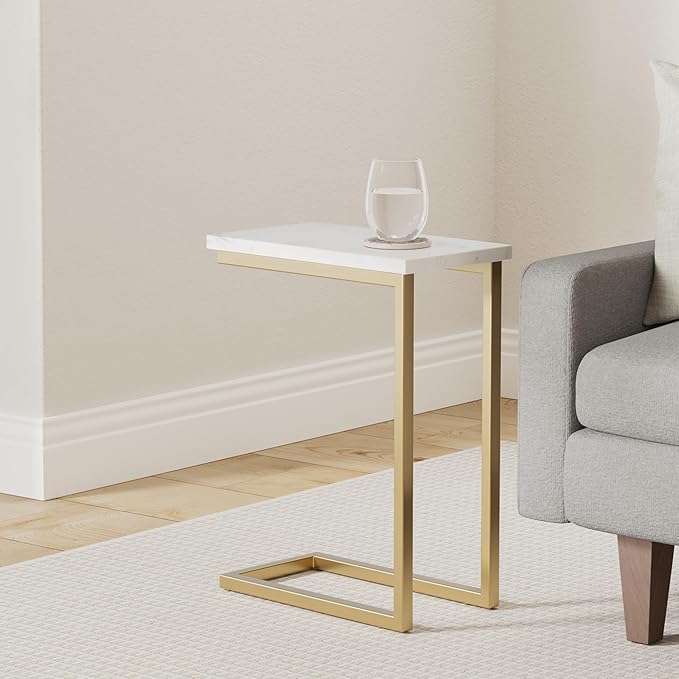SIMPLIHOME Skyler Metal Table - 18" Wide x 24" High Solid Iron C-Side Table with Genuine White Marble Top in Gold, Contemporary Accent End Table for Living Room or Home Office with Slide-Under Design