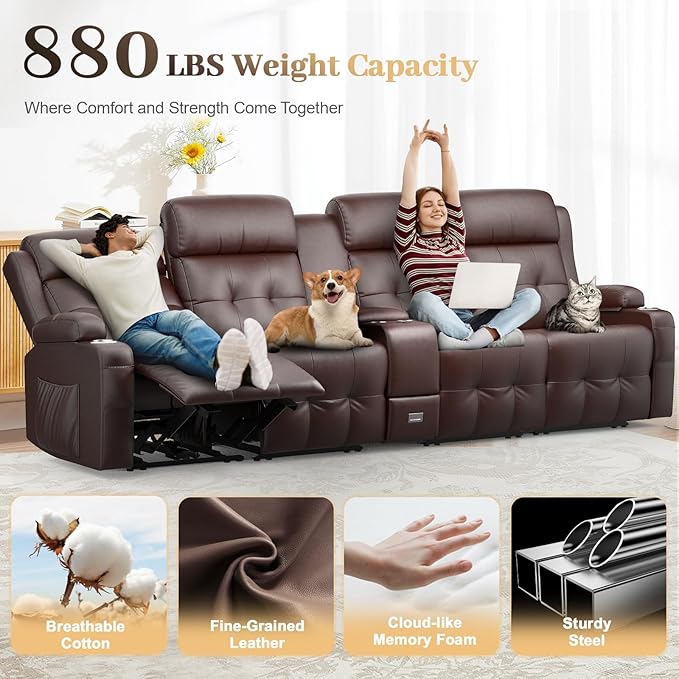 Recliner Sofa, Massage Reclining Sofa 4 Seater Sets Heavy Weight Capacity, RV Loveseat Couch Clearance with Console, USB, Type C Port, Storage, Cup Holders, Wall Hugger Chair for Living Room