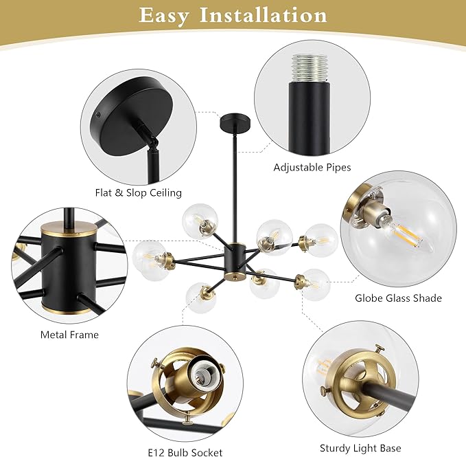 WINGBO 8-Light Sputnik Chandelier, Modern Pendant Light Fixture with 4.7" Clear Glass Globe Shade for Flat and Slop Ceiling, Height Adjustable for Kitchen Living Room Dining Room Bedroom, Black