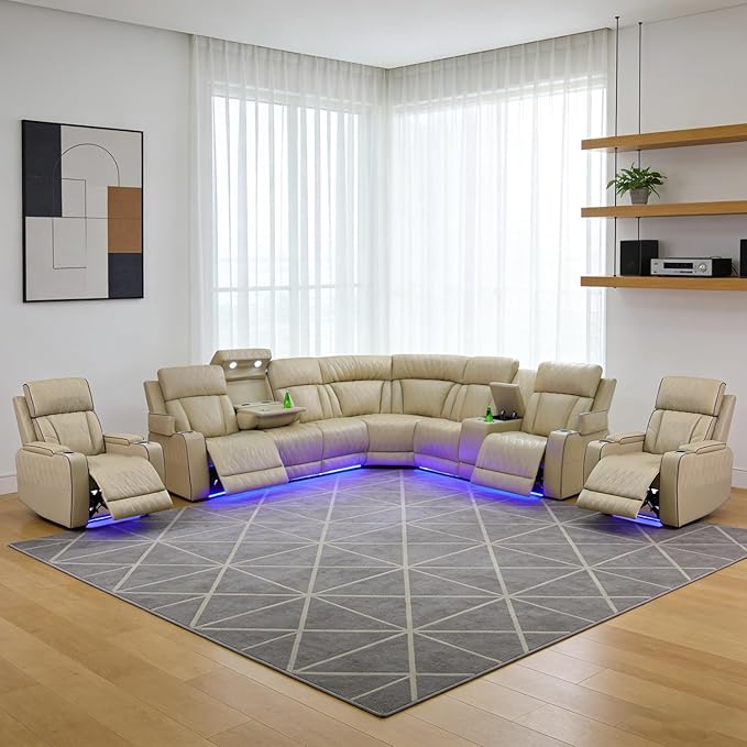 Power Recliner Sectional Sofa Set, Beige Leather Sectional Couch and 2 Chairs for Living Room, L Shape Reclining Sofa with Cup Holder, Hidden Storage, Drop-Down Table for House(7 Seat)