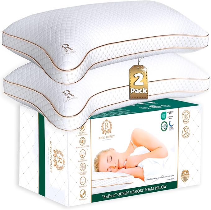 Royal Therapy King 2-Pack Memory Foam Pillow, Adjustable Shredded Odor-Free Cut-Out Bed Pillow for Neck & Shoulder Pain Relief, Breathable Support for Back, Stomach, Side Sleepers, BioForm
