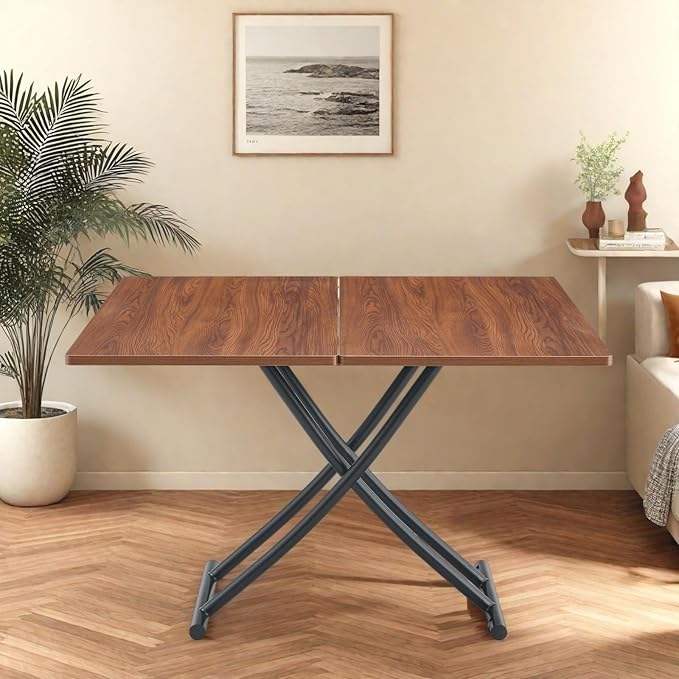 Coffee Table, Rectangle Dining Tables with Adjustable Height, Modern Multifunctional Lift Table with Wooden Surface for Living Room, Apartment, Office, Kitchen or Dining, Black Dark Walnut