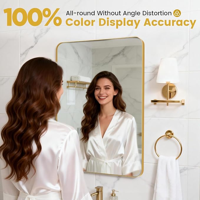 24" X 36" Gold Metal Framed Bathroom Mirror for Wall, Bathroom Mirrors for Over Sink,Gold Rounded Rectangle Mirror, Brushed Gold Bathroom Vanity Mirror Farmhouse, Anti-Rust, Tempered Glass