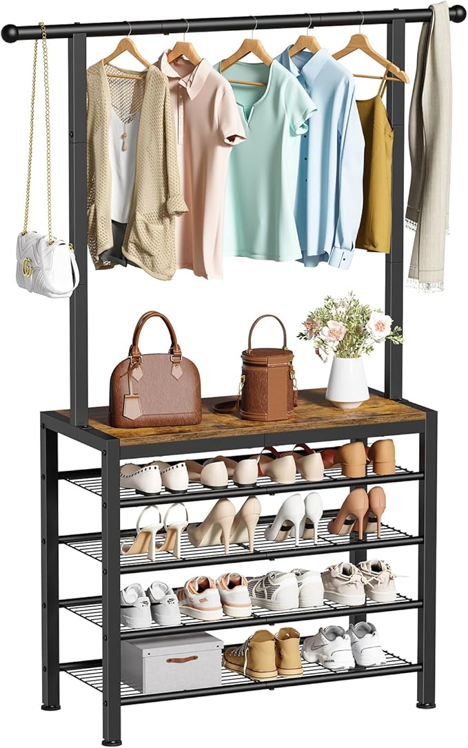 Hall Tree, Entryway Shoe Rack with Coat Rack, 5 Tier Adjustable Shoe Storage with 45.7" Long Coat Rack for Front Door, Garage, Closet, Freestanding, Industrial, Rustic Brown and Ink Black