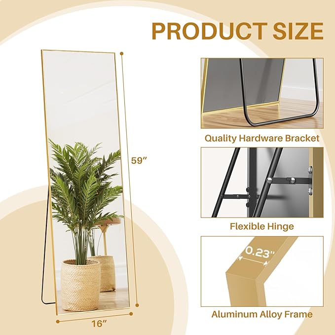 Mirror Full Length 59"x16" Rectangle Floor Mirror with Stand, Aluminum Alloy Frame & Shatterproof Glass Full Body Mirror, Freestanding Hanging or Leaning Wall Mirrors for Bedroom Closet Living Room