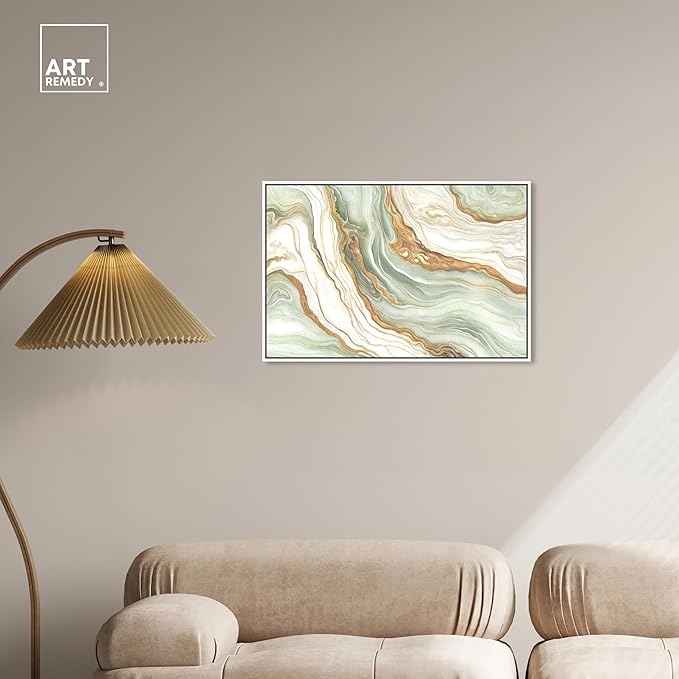 Art Remedy Green And Gold Framed Mineral, Agate & Geode 1 Piece Canvas Wall Art, 31" x 21", White Frame