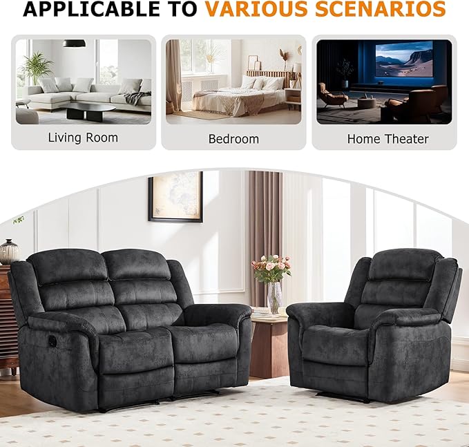 EBELLO 2 Pieces Reclining Loveseat Couch Furniture Set, Soft Fabric Manual Recliner Sofa Home Theater Seating, Manual Recliner and Wide 2PC Bonded Recliner Sofa Set for Living Room, Grey