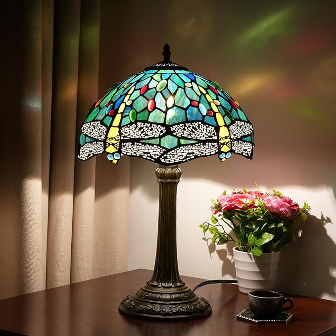 Tiffany Lamp Dragonfly Style Green Stained Glass Lamp Bedroom Table Lamp Reading Desk Light for Bedside Living Room Office Dormitory Dining Room Decorate Gift