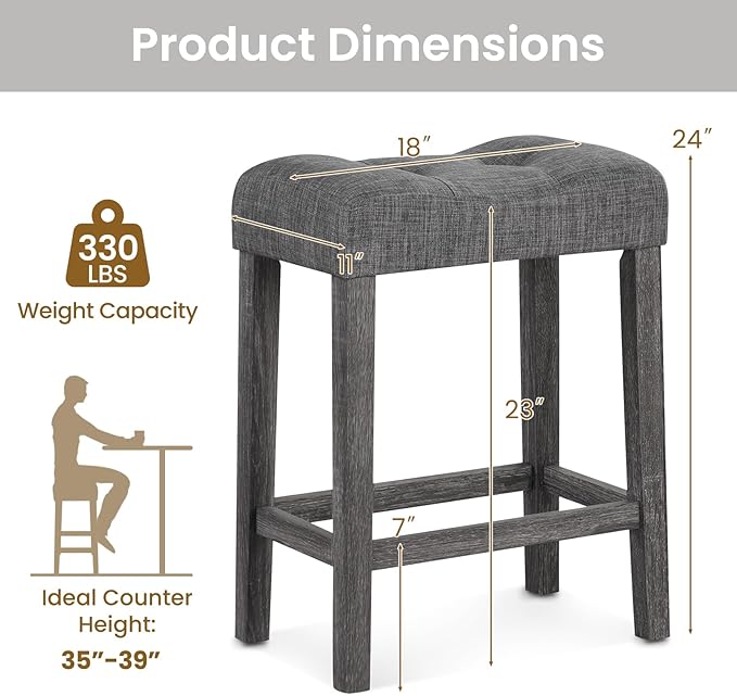 ERGOMASTER 24” Backless Bar Stools, Solid Rubber Wood, Button-tufting Seat, Dark Grey/Dark Wood, Set of 4