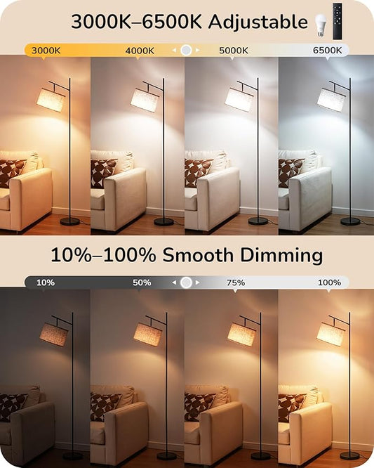 EDISHINE 64.7IN Floor Lamp with Remote, Dimmable & 5CCT, Modern Standing Lamp for Living Room, Foot Pedal Switch, Minimalist for Bedroom, Bulb Included, Black
