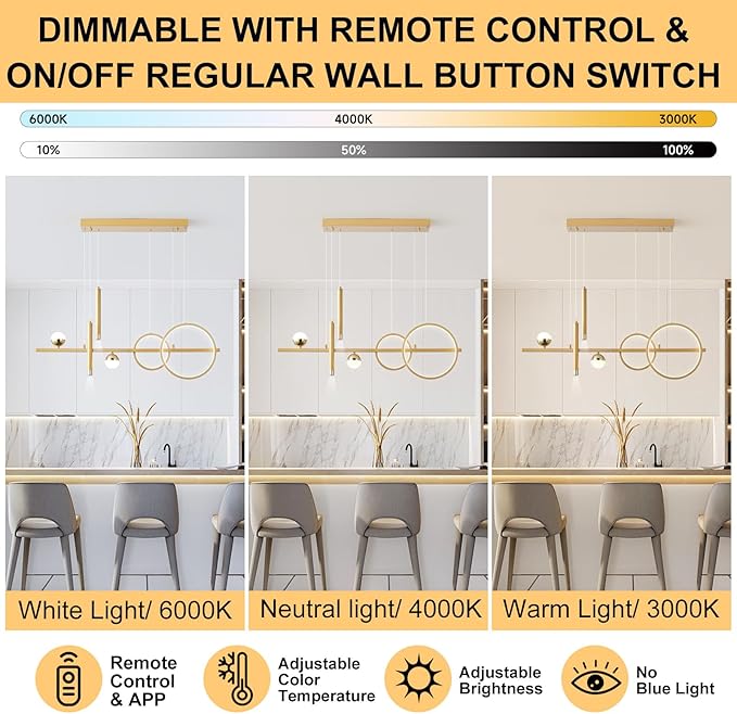 LED Gold Chandeliers for Dining Room, 39in Dimmable Modern Chandelier Gold Pendant Lights for Kitchen Island, Linear Ring Globe Pendant Light Fixtures Dining Room Lights Ceiling Hanging