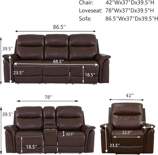 Breathable Leather Power Recliner Sofa Set, 3 Piece Living Room Furniture Set, Reclining Sofa Loveseat Chair Set with LED Lighting/USB Port/Cup Holders/Storage for Home Theater (Reddish Brown)