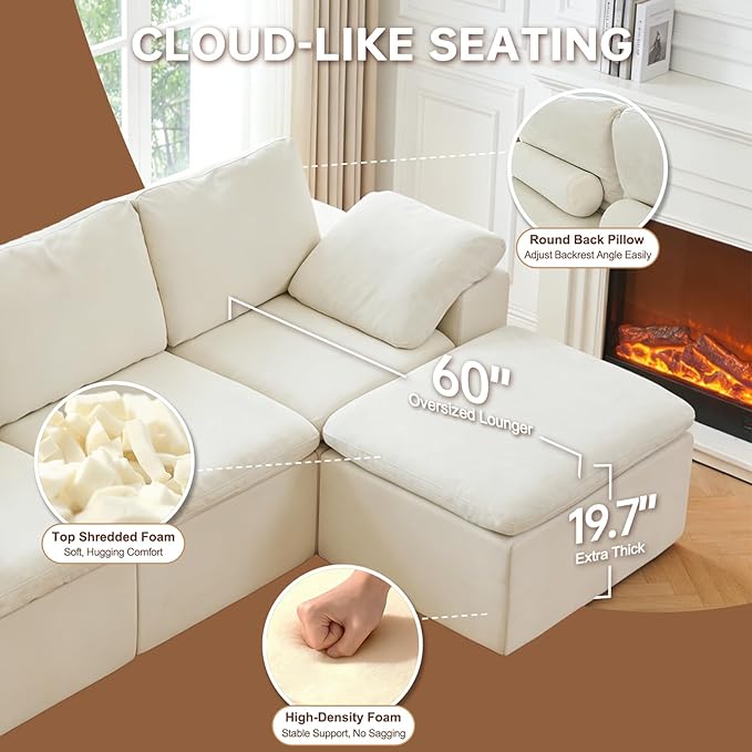 HonTop 110" L Shaped Modern Sofa Boneless Modular Sectional Cloud Couch with Ottoman, 4-Seat Chenille Deep Seat Sofa for Living Room, Bedroom and Apartment, No Assembly, Beige | No Assembly Required, 30" Deep Seat, Family Pet-Friendly, Flexible Modular...