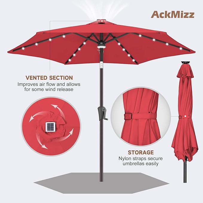 7.5ft Solar Umbrella Outdoor - Lighted Solar Patio Umbrella with 24 LED Lights Waterprool UV Protection, Table Umbrella with Tilt for Pool, Porch, Garden, Deck, Backyard (Red)