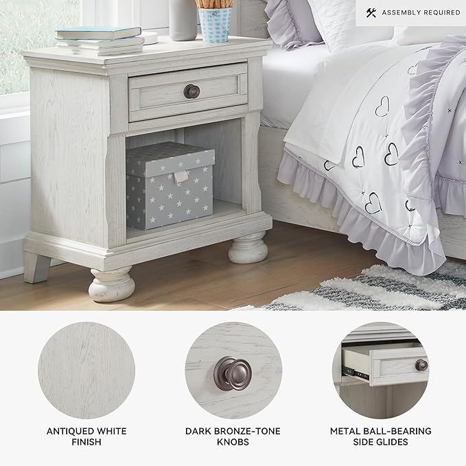 Signature Design by Ashley Robbinsdale Coastal 1-Drawer Nightstand with Cubby Storage, 26.75" Tall, White