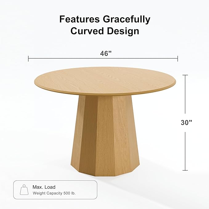 Casaphoria 46" Round Dining Table, Modern Wood Kitchen Table with Cone Shaped Strip Polygonal Base for Living Room & Dining Room, Easy Assembly Farmhouse Furniture for 4-6, Oak