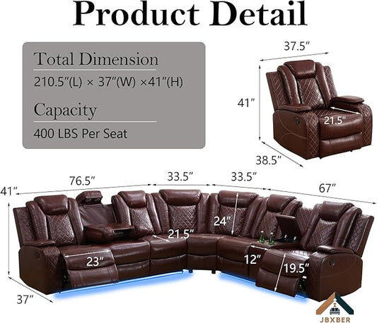 Power Recliner Sectional Sofa Set for Living Room, Leather Recliner Sofa Sets, L-Shaped Corner Sectional Couch Sets with LED Lights, Console Storage(Sectional and Chair,Red)