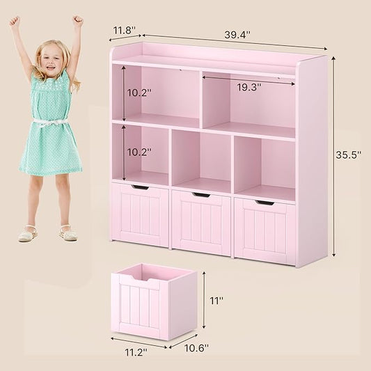 Gizoon Toy Storage Cabinet and Kids Bookcase with 3 Movable Drawers and 6 Open Shelves Featuring Fall Prevention Barrier for Playroom Nursery Kids Room Organization, Pink