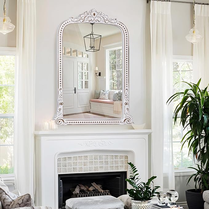 Wooden Vintage Wall Mirror: 28x38 Inch Baroque Antique Mirror - Ornate Decorative Arched Mirrors for Fireplace, Entryway, Bedroom, Bathroom - Home Decor for Living Room